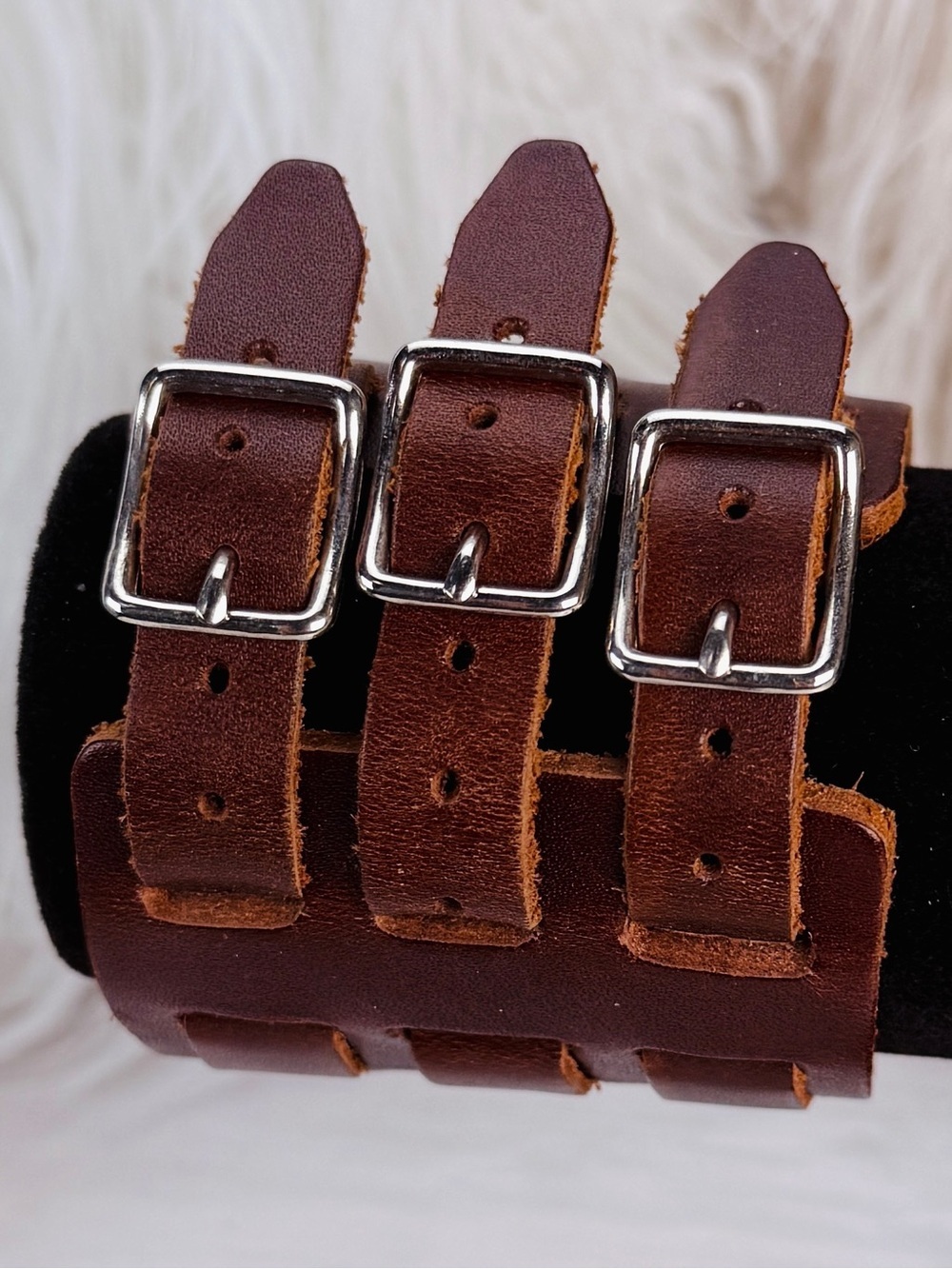 Super wide 2.5”, brown leather, three buckle bracelet